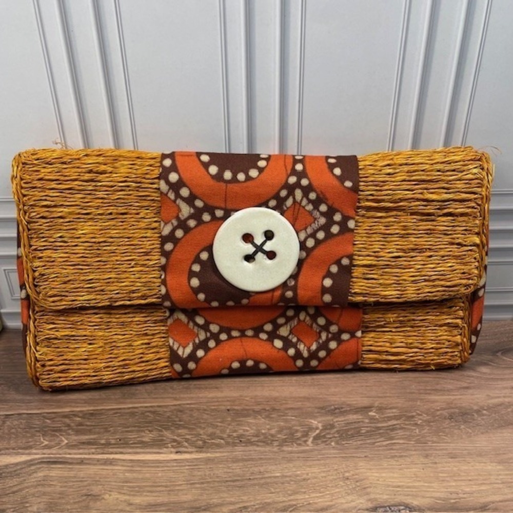 Woven Straw Clutch Handbag Decorative African Print Fabric Band Button Closure